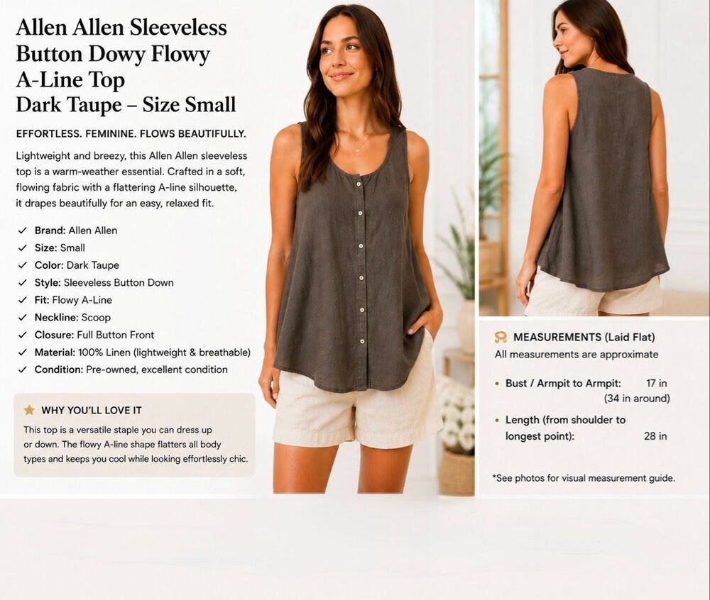 🤎 Allen Allen Sleeveless Button Front A-Line Top – Size Small B-1